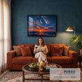 Quadro Decorativo Grande Lua Crescente para Sala Azul | quadros decorativos para sala de estar | lua crescente e Via Láctea sobre mar e montanhas ao pôr do sol | em ambiente 3 | Porao dos Quadros