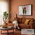 Olho gigante branco e vermelho sobre figura de casaco xadrez ao lado de mulher em pied de poule, quadro decorativo