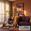 Quadro Decorativo Grande Árvore Refletida Laranja para Sala | quadros decorativos para sala de estar | árvore sem folhas refletida na água sob céu alaranjado de pôr do sol | em ambiente 3 | Porao dos Quadros