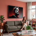 Busto de estátua grega barbada em mármore com luz vermelha dramática e fundo escuro, quadro decorativo