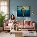 Ilha verde com árvores sobre o mar e frases motivacionais do sucesso submersas, quadro decorativo
