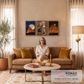 Quadro Decorativo Kit 3 Telas Pirâmides do Egito para Sala | quadros decorativos para sala de estar | tríptico com pirâmides, lua cheia, rainha egípcia em trono dourado e camelos no deserto | em ambiente 3 | Porao dos Quadros