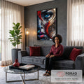 Rosto de mulher em filigrana prateada com olho azul e faixa vermelha em espiral, quadro decorativo