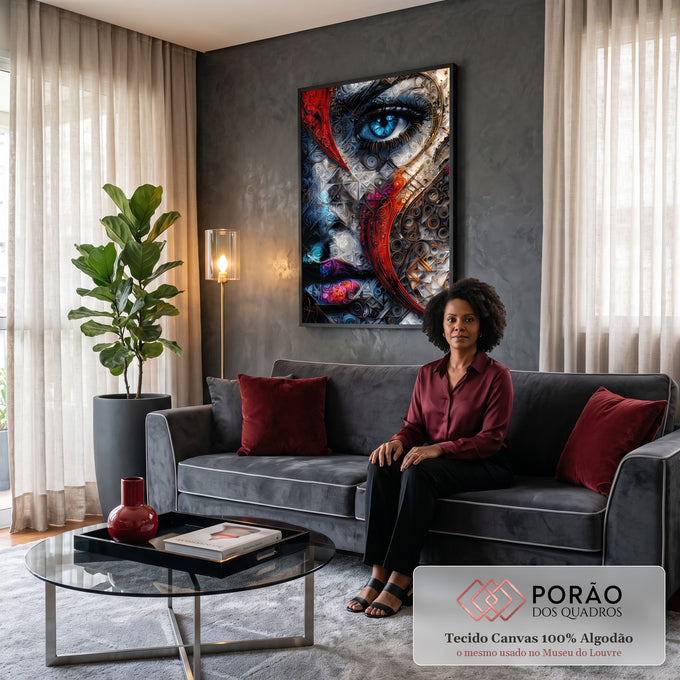 Rosto de mulher em filigrana prateada com olho azul e faixa vermelha em espiral, quadro decorativo
