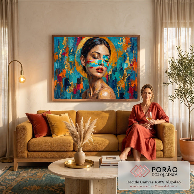 Mulher de olhos fechados com faixa colorida no rosto, auréola dourada e fundo azul texturizado, quadro decorativo