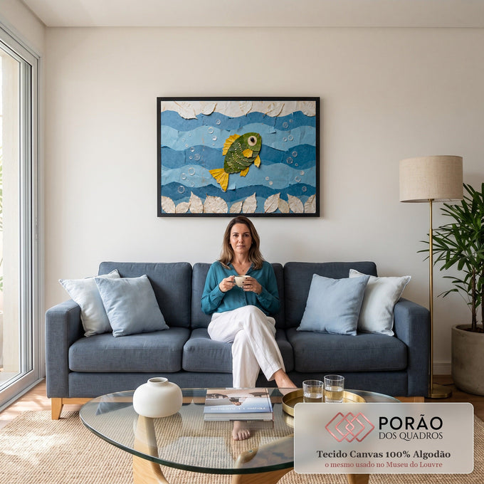 Peixe feito de folhas secas verdes e amarelas entre ondas de papel azul e bolhas de água, quadro decorativo