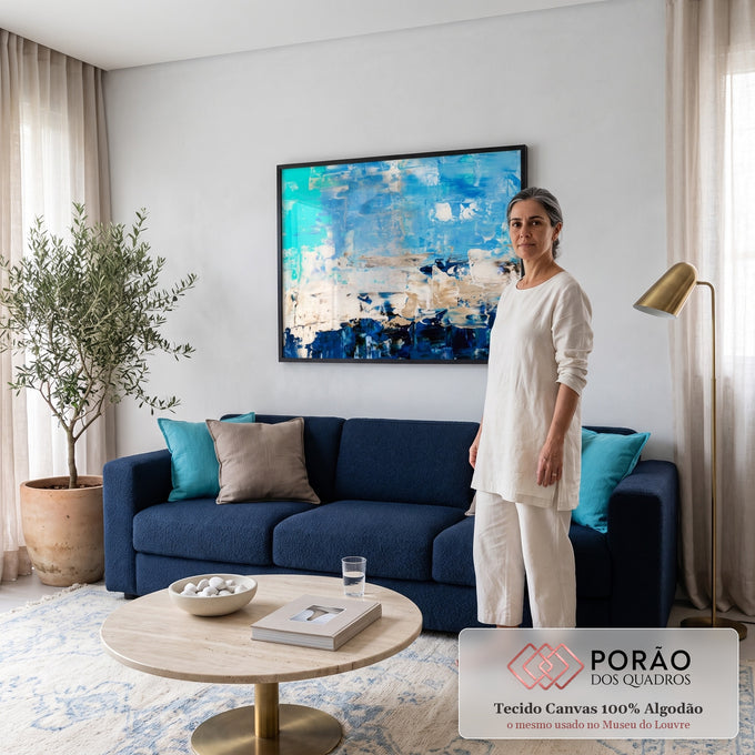 Quadro Decorativo Grande Abstrato para Sala Azul | quadros decorativos para sala de estar | pintura abstrata em camadas de azul turquesa, azul marinho e branco com textura | em ambiente 3 | Porao dos Quadros