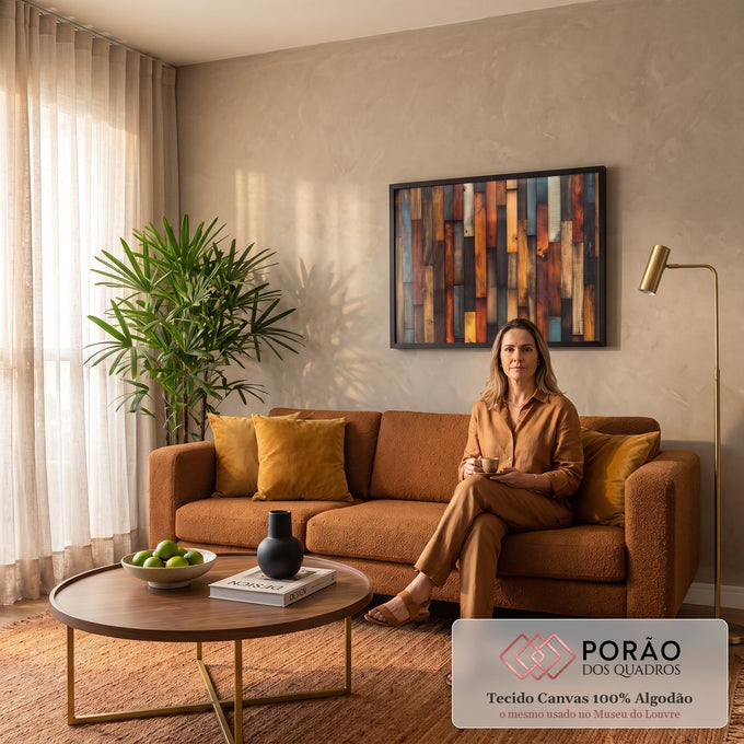 Quadro Decorativo Grande Mosaico de Ripas para Sala Marrom | quadros decorativos para sala de estar | textura de ripas de madeira verticais coloridas em laranja, marrom, preto e azul | em ambiente 3 | Porao dos Quadros