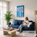 Veleiro branco navegando em água azul espelhada com nuvens refletidas, quadro decorativo