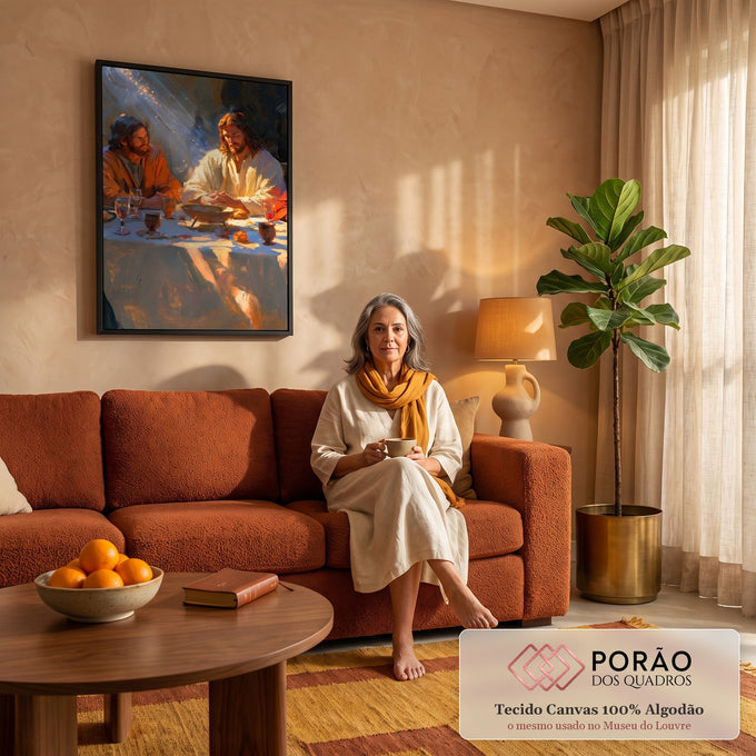 Quadro Decorativo Grande Ceia com Jesus para Sala Laranja | quadros decorativos para sala de estar | Jesus e um apóstolo à mesa da Última Ceia sob luz dourada | em ambiente 3 | Porao dos Quadros