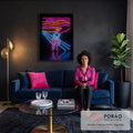 Quadro Decorativo Grande Grito de Munch para Sala Azul | quadros decorativos para sala de estar | figura icônica de O Grito reinterpretada em contornos de neon azul, rosa e laranja | em ambiente 3 | Porao dos Quadros