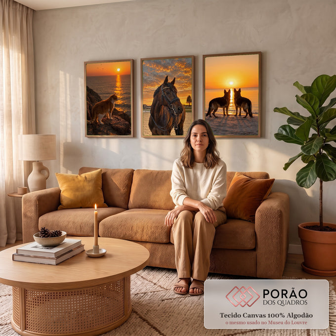 Quadro Decorativo Kit 3 Telas Pôr do Sol Gato para Sala | quadros decorativos para sala de estar | painel triplo com gato, cavalo e cães em cenas de pôr do sol | em ambiente 3 | Porao dos Quadros