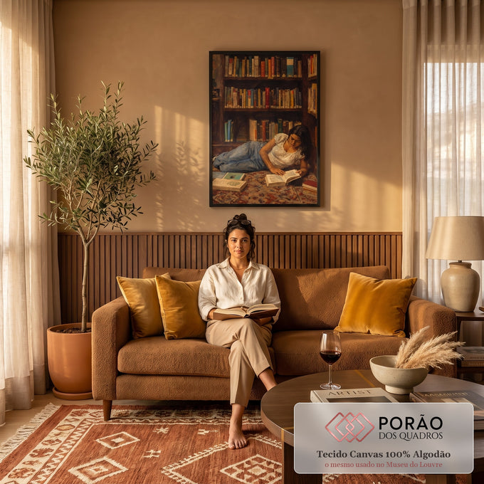Quadro Decorativo Grande Mulher Lendo Marrom para Sala | quadros decorativos para sala de estar | mulher deitada lendo um livro em frente a uma estante cheia de livros coloridos | em ambiente 3 | Porao dos Quadros