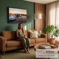 Quadro Decorativo Grande Carro Pôr do Sol para Sala Branco | quadros decorativos para sala de estar | carro esportivo branco diante de cavalos em campo dourado ao pôr do sol | em ambiente 3 | Porao dos Quadros