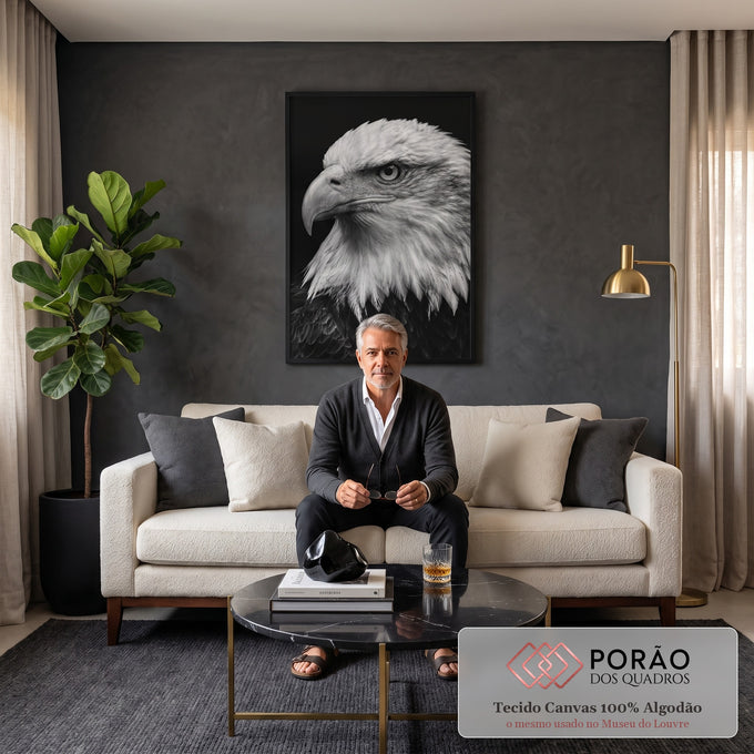 Quadro Decorativo Grande Águia Careca para Sala Preto | quadros decorativos para sala de estar | retrato em preto e branco de águia careca com olhar fixo e bico em detalhe | em ambiente 3 | Porao dos Quadros