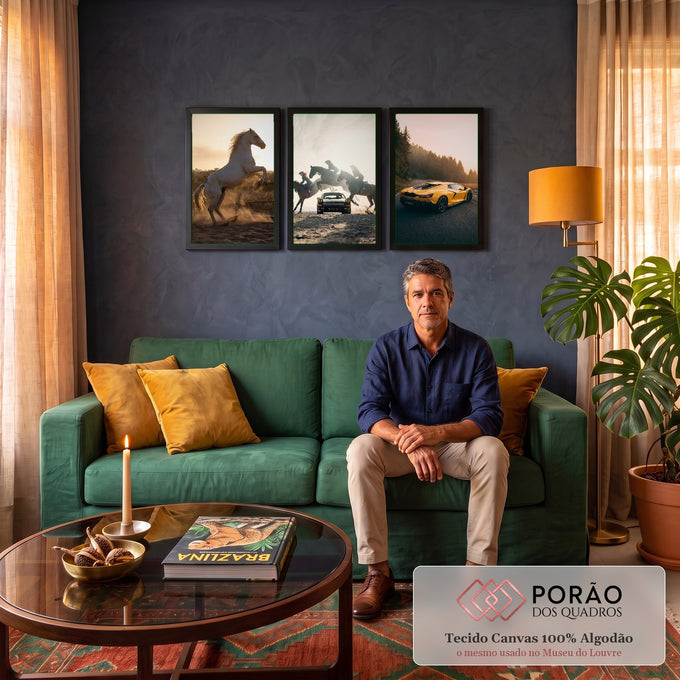 Quadro Decorativo Kit 3 Telas Cavalos e Carro para Sala | quadros decorativos para sala de estar | cavalo branco empinado, cavaleiras pulando sobre carro clássico e esportivo amarelo | em ambiente 3 | Porao dos Quadros