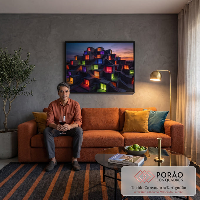 Quadro Decorativo Grande Prédio de Concreto para Sala Cinza | quadros decorativos para sala de estar | construção geométrica de concreto com janelas iluminadas em cores variadas ao entardecer | em ambiente 3 | Porao dos Quadros