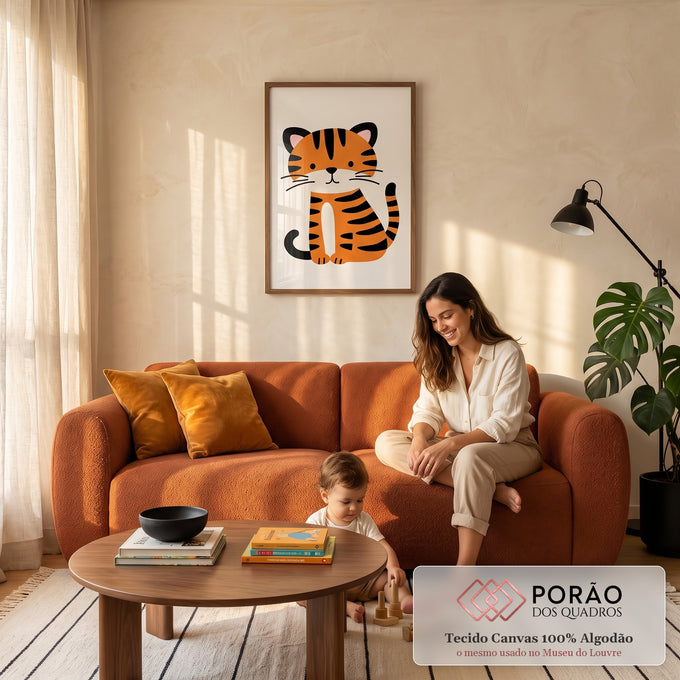 Ilustração de tigrinho laranja com listras pretas sentado em fundo creme, quadro decorativo