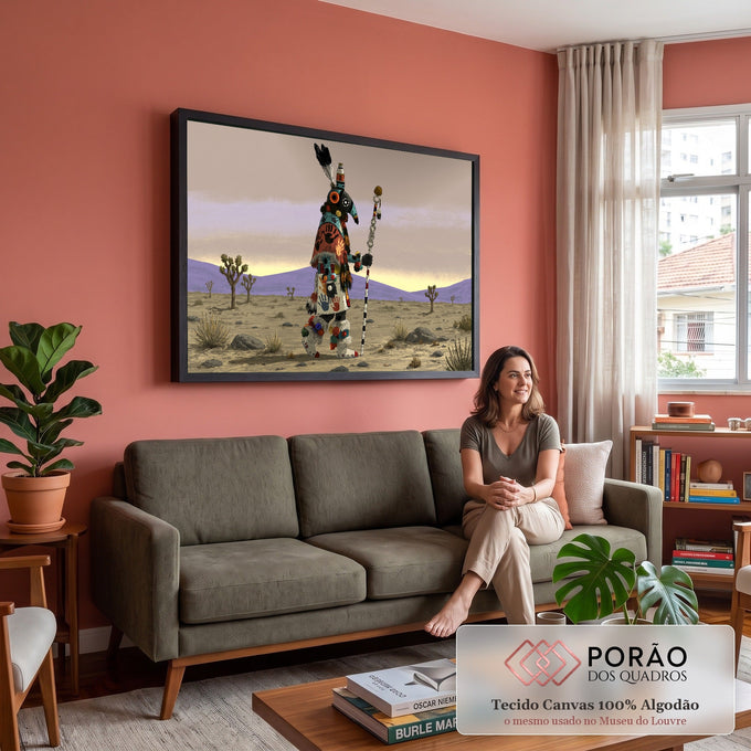 Figura Kachina com máscara de ave, cajado e penas em deserto com montanhas lilás, quadro decorativo