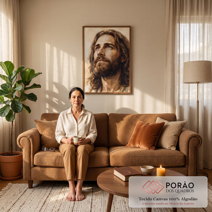 Quadro Decorativo Grande Jesus Aquarela para Sala Marrom | quadros decorativos para sala de estar | retrato em aquarela de Jesus Cristo com barba olhando para cima em tons sépia | em ambiente 3 | Porao dos Quadros