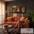 Quadro Decorativo Kit 3 Telas Última Ceia e Sagrado Coração | quadros decorativos para sala de estar | tríptico de Jesus na Última Ceia, Sagrado Coração e Eucaristia em tons dourados | em ambiente 3 | Porao dos Quadros