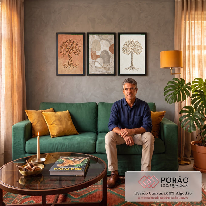 Quadro Decorativo Kit 3 Telas Árvore da Vida para Sala | quadros decorativos para sala de estar | três telas com árvores em relevo dourado e branco e abstrato em tons terracota | em ambiente 3 | Porao dos Quadros