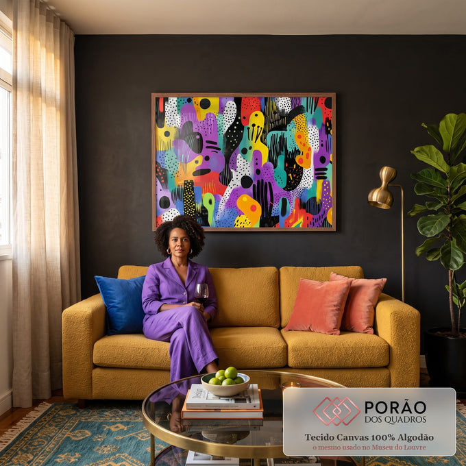 Quadro Decorativo Grande Abstrato Colorido Roxo para Sala | quadros decorativos para sala de estar | composição abstrata colorida com formas orgânicas, bolinhas e listras sobre fundo preto | em ambiente 3 | Porao dos Quadros