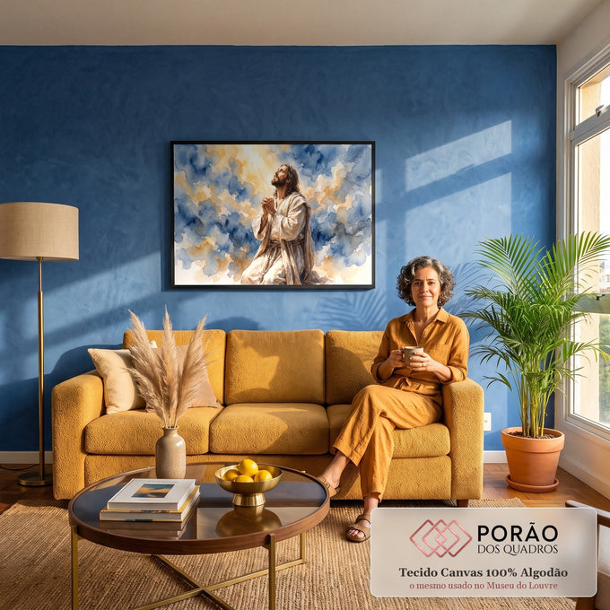 Jesus ajoelhado em oração olhando a luz do céu entre nuvens azuis e douradas em aquarela, quadro decorativo