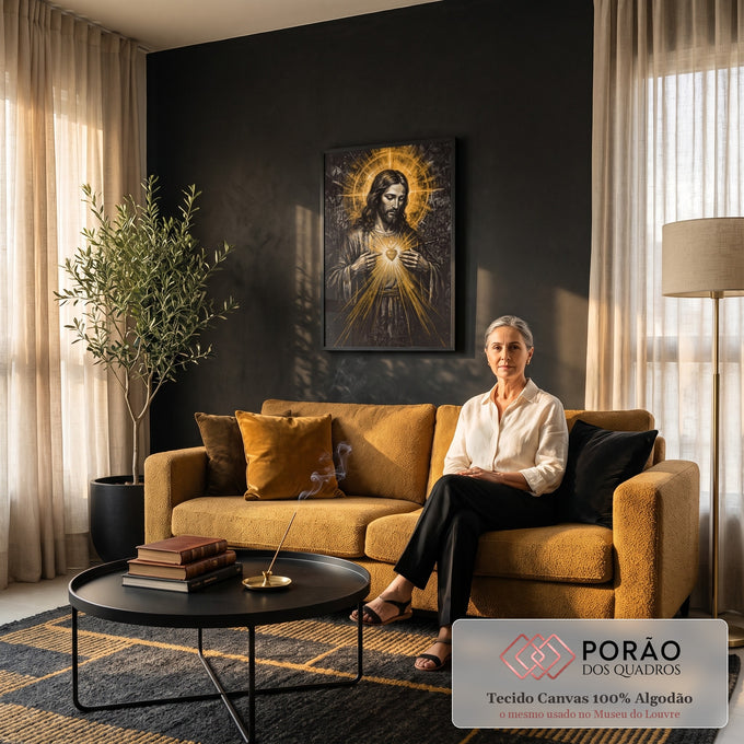 Quadro Decorativo Grande Sagrado Coração Auréola para Sala | quadros decorativos para sala de estar | Jesus Cristo apontando para coração flamejante dourado sobre fundo preto texturizado | em ambiente 3 | Porao dos Quadros