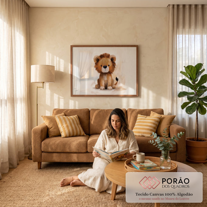 Filhote de leão fofo sentado em pinceladas suaves marrons sobre fundo bege claro, quadro decorativo