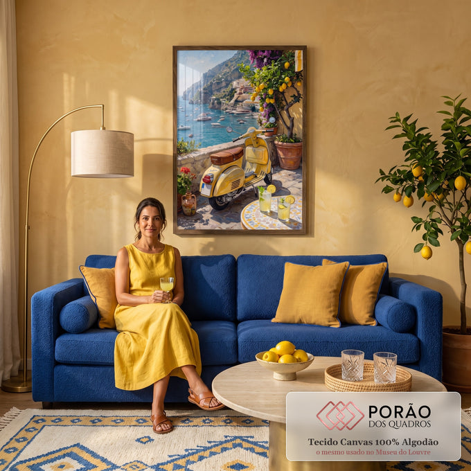 Vespa amarela em terraço com limoeiro e vista da Costa Amalfitana, pintura a óleo, quadro decorativo