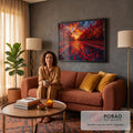 Quadro Decorativo Grande Estrada de Outono para Sala | quadros decorativos para sala de estar | estrada coberta de folhas vermelhas entre árvores de outono sob céu alaranjado ao pôr do sol | em ambiente 3 | Porao dos Quadros