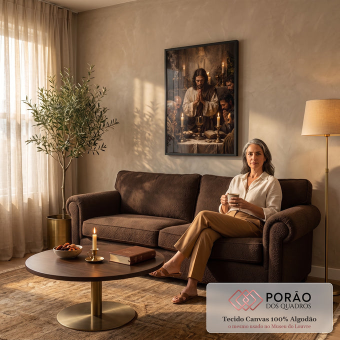 Quadro Decorativo Grande Última Ceia Velas Acesas para Sala | quadros decorativos para sala de estar | homem em oração com mãos postas diante de cálice dourado e velas | em ambiente 3 | Porao dos Quadros