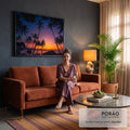 Quadro Decorativo Grande Pôr do Sol Coqueiros para Sala | quadros decorativos para sala de estar | silhuetas de coqueiros contra pôr do sol colorido sobre o mar e montanhas | em ambiente 3 | Porao dos Quadros