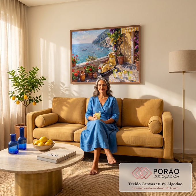 Quadro Decorativo Grande Scooter Amarela para Sala Amarelo | quadros decorativos para sala de estar | scooter amarela em terraço com limoeiro, flores e vista para o mar mediterrâneo | em ambiente 3 | Porao dos Quadros