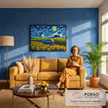 Astronauta em picape azul entre girassóis sob céu de noite estrelada estilo Van Gogh, quadro decorativo