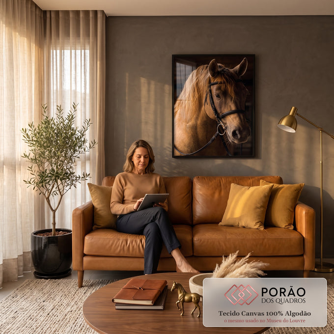 Quadro Decorativo Grande Cavalo para Sala Dourado | quadros decorativos para sala de estar | cavalo dourado em close com cabeçada preta e fundo escuro | em ambiente 3 | Porao dos Quadros