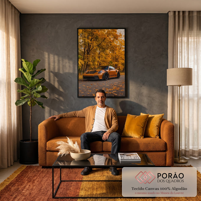 Quadro Decorativo Grande Carro Esportivo para Sala Laranja | quadros decorativos para sala de estar | carro esportivo laranja estacionado em estrada cercada por árvores de outono douradas | em ambiente 3 | Porao dos Quadros