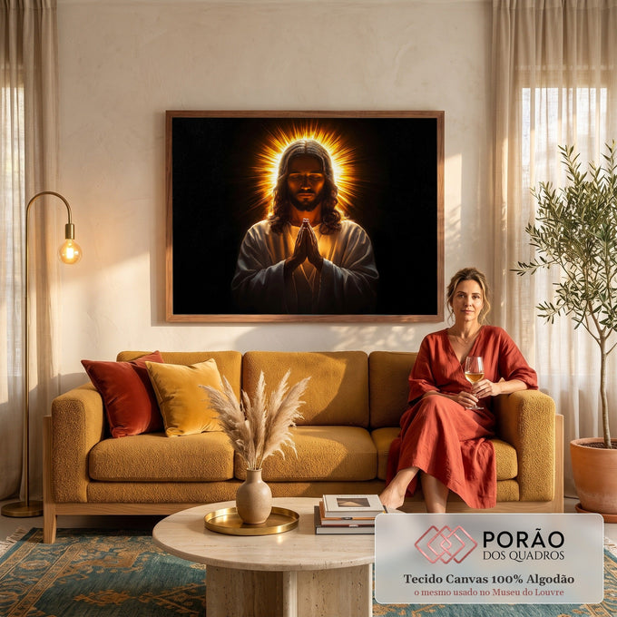 Jesus de olhos fechados e mãos unidas em oração, com halo de luz dourada em fundo preto, quadro decorativo