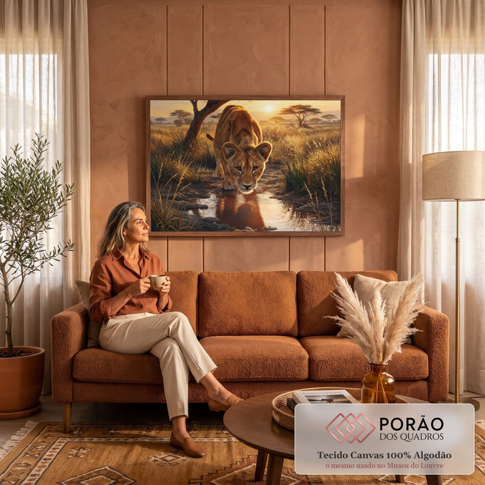 Filhote de leão bebendo água em poça com reflexo, savana dourada e pôr do sol ao fundo, quadro decorativo
