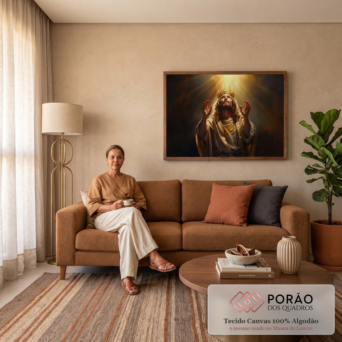 Quadro Decorativo Grande Jesus Rei Dourado para Sala | quadros decorativos para sala de estar | homem com coroa dourada e mãos erguidas sob raios de luz divina | em ambiente 3 | Porao dos Quadros