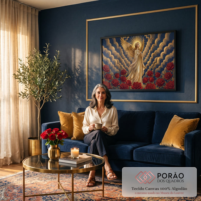 Anjo feminino com asas douradas e halo radiante entre rosas vermelhas, fundo azul art deco, quadro decorativo