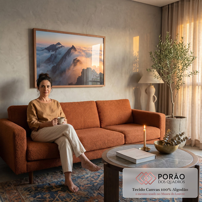 Quadro Decorativo Grande Picos de Montanha para Sala Laranja | quadros decorativos para sala de estar | picos de montanha escuros emergindo de nuvens com céu laranja ao pôr do sol | em ambiente 3 | Porao dos Quadros