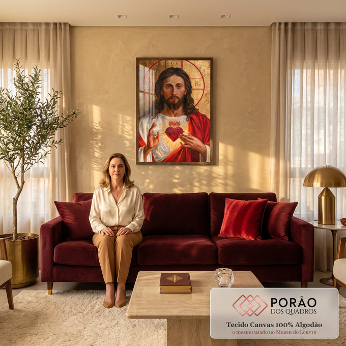 Quadro Decorativo Sagrado Coração de Jesus com Auréola | quadros decorativos para sala de estar | Jesus Cristo com sagrado coração em chamas e auréola dourada | em Quadros para Escritorio | Porao dos Quadros