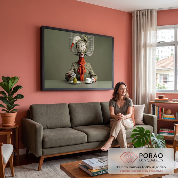 Figura feminina com gaiola, relógio e pássaro na cabeça, lenço laranja, pera e xícara, quadro decorativo