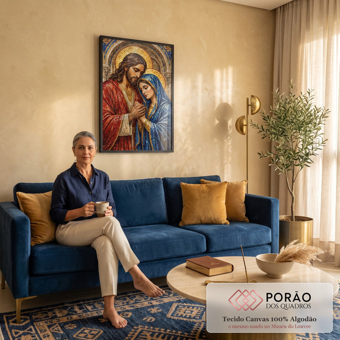 Jesus de manto vermelho e Maria de véu azul em mosaico com auréolas douradas, quadro decorativo