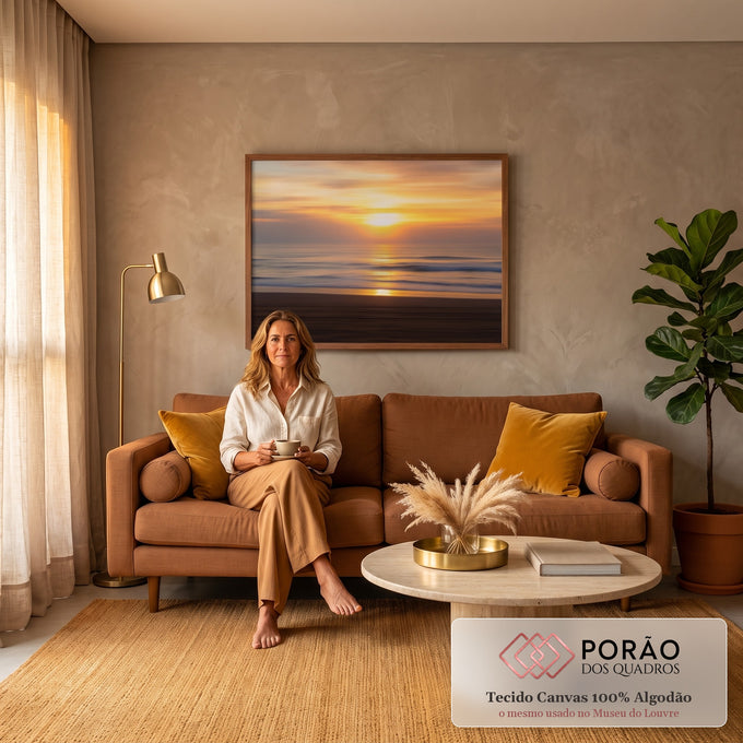 Quadro Decorativo Grande Pôr do Praia para Sala | quadros decorativos | pôr do sol dourado sobre o mar com ondas e efeito de desfoque de movimento | em ambiente 2 | Porao dos Quadros