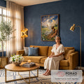 Quadro Decorativo Grande Jesus com Crianças para Sala Azul | quadros decorativos para sala de estar | homem de túnica branca aponta para céu estrelado dourado ao lado de duas crianças num campo florido | em ambiente 3 | Porao dos Quadros