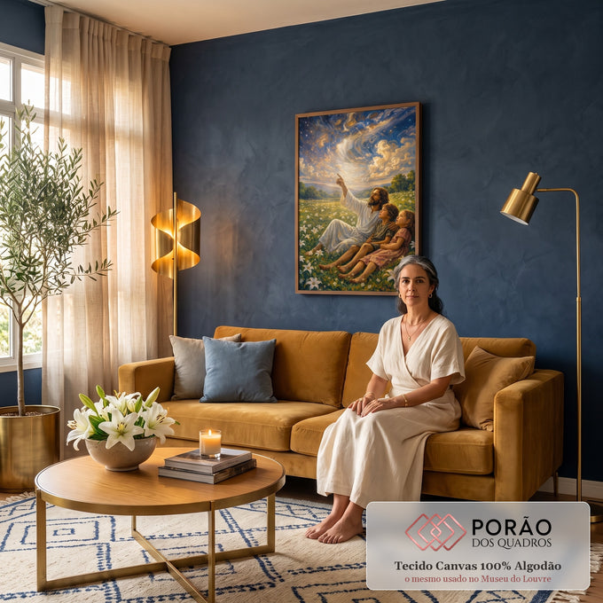 Quadro Decorativo Grande Jesus com Crianças para Sala Azul | quadros decorativos para sala de estar | homem de túnica branca aponta para céu estrelado dourado ao lado de duas crianças num campo florido | em ambiente 3 | Porao dos Quadros