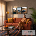 Quadro Decorativo Grande Trio de Carros para Sala Amarelo | quadros decorativos para sala de estar | três carros esportivos em cenário de campo e estrada ao entardecer | em ambiente 3 | Porao dos Quadros